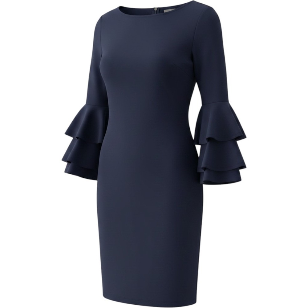 Vfshow Vfemage Navy Blue Tiered Ruffle Bell Sleeve Sheath Dress Womens XL
